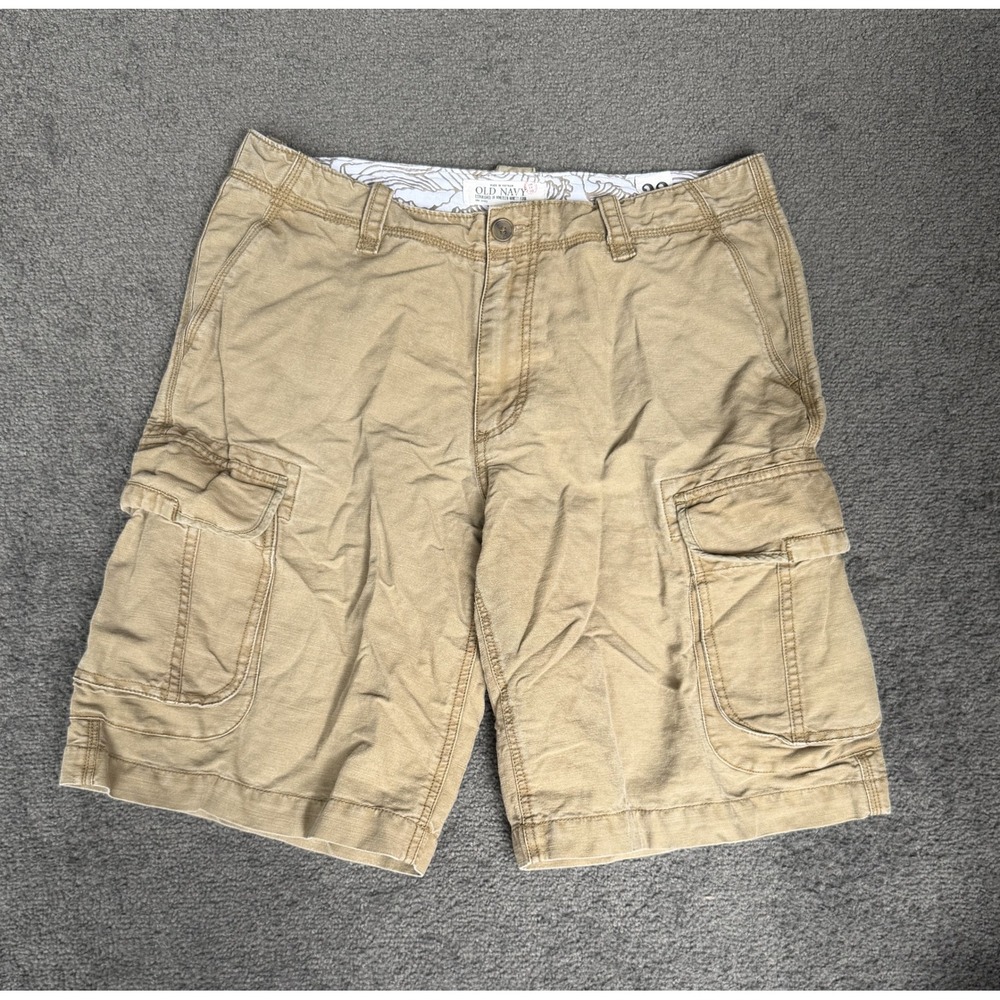 Old Navy Mens Khaki Tan Linen Cotton Cargo Shorts Size 33 Utility Summer Hiking